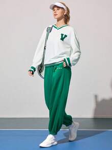 Gameset SHEIN Sport 女式羊毛运动衫，带图形字母印花标语、口袋、宽松版型、踝袖口、直筒休闲运动裤，适合跑步和日常穿着，秋冬 - 綠色 - 查看 5