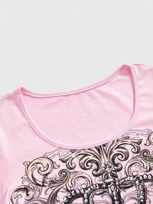 ROMWE J-Fashion Y2K Rhinestone Crown Millennium Babe Vintage Tight Fit Women T-Shirt