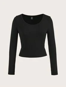 SHEIN EZwear Plus Size Women Basic Round Neck Black Tight Fit Long Sleeve T-Shirt, Casual, Summer Autumn And Winter