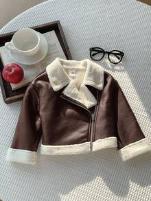 SHEIN Baby Girl Autumn/Winter Cute Versatile Color-Blocking Thermal-Lined Faux Fur Jacket Fall
