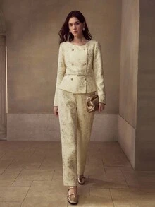 MOTF PREMIUM DOUBLE BREASTED BELTED TOP & PANTS SET - Apricot - View 1