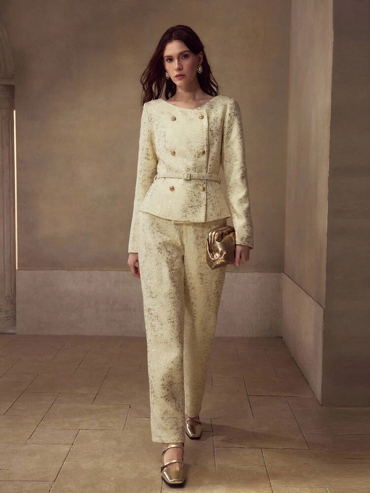 DOUBLE BREASTED BELTED TOP & PANTS SET