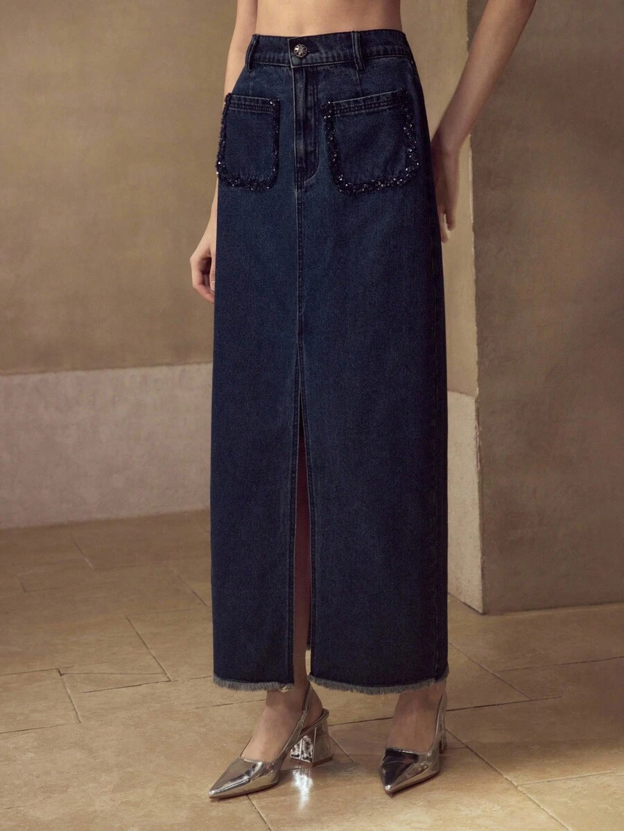 MOTF 大腿开衩毛边牛仔裙 - 藍色 - 查看 1