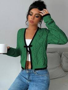 Selianne French Casual Versatile Diamond Textured Long Sleeve Pullover Knit - Green - View 5