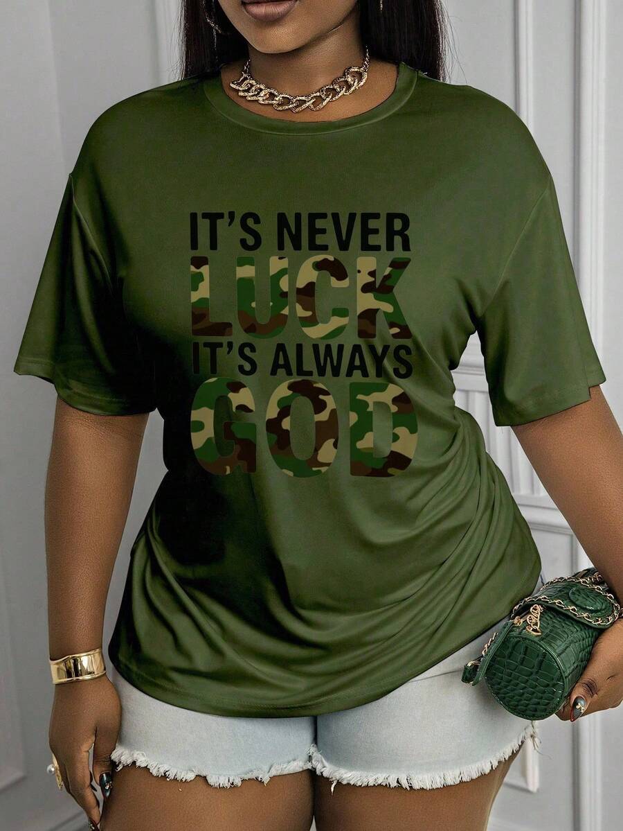 Maweii Women's Casual T-Shirt - "It's Never Luck It's Always God" Camouflage Print White Short Sleeve Top, Round Neck, Machine Washable, All-Season Comfort, Motivational Apparel, Easy Care Clothing - Olive Green - View 1