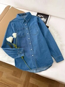 Comfortcana Patched Pocket Curved Hem Denim Shirt, Fall Women Clothes - Medium Wash - View 2