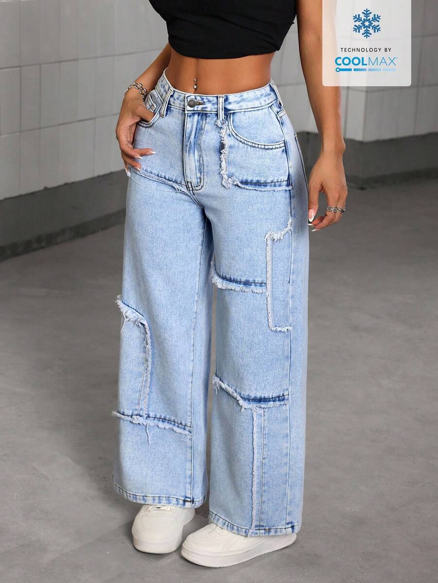 SHEIN PETITE Quần Jeans Ống Rộng Rộng Phong Cách Đường Phố Đơn Giản Cho Nữ - Rửa nhẹ - Xem 1