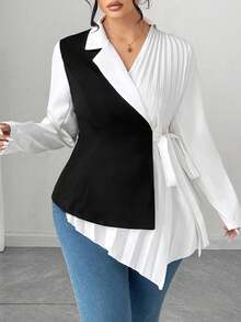 Elenzga Plus Size Women's Contrast Color Pleated Blazer Fall Cloth For Women Autumn - Multicolor - View 3