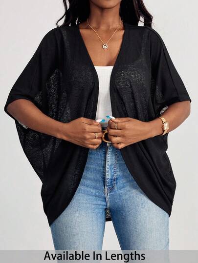 SHEIN PETITE CURVE Plus Size Vacation Solid Color Asymmetric Hem Batwing Sleeve Casual Jacket,Spring/Summer Plus Size Cardigan Plus Size Shrug Petite Plus Size Cardigan Summer Cardigan Plus Size Curve Kimono In Fall/Winter, Black, For Woman