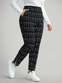 Comfylo 大码女式格子休闲裤，带口袋和侧开衩，适合度假、新年、冬季、商务、秋季和返校季 - 黑色 - 查看 6