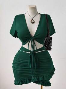 Sunspun 大码女式纯色性感V领系带褶饰腰部镂空紧身连衣裙 - 綠色 - 查看 1