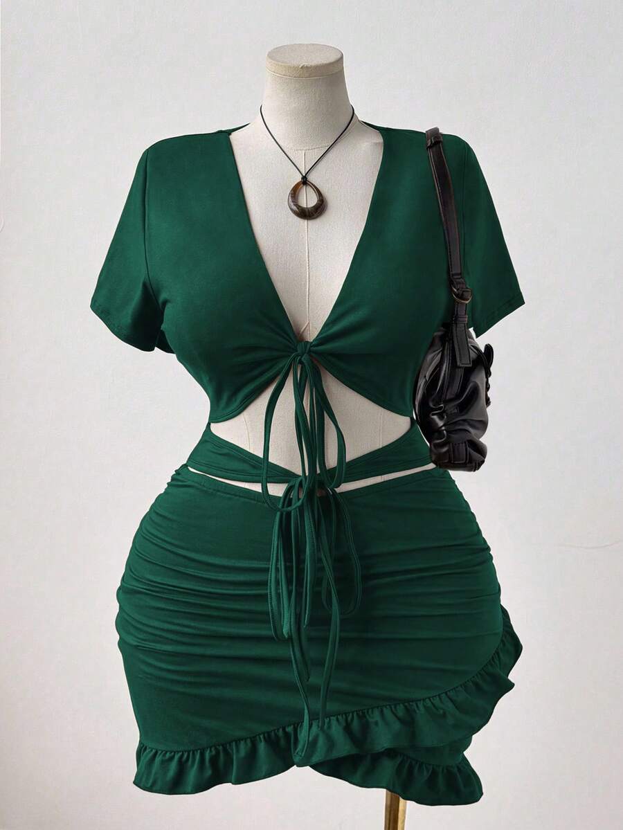 Sunspun 大码女式纯色性感V领系带褶饰腰部镂空紧身连衣裙 - 綠色 - 查看 1