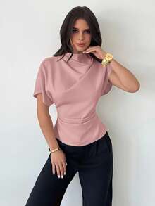 Firerie 褶皱领不对称袖侧边褶皱收腰通勤杏色竹麻面料女式衬衫，四季皆宜 - 粉色 - 查看 4