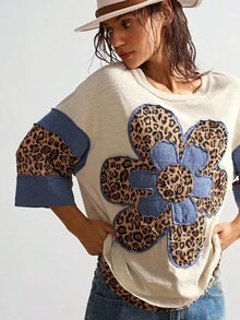 Bohemela 波西米亚风乡村度假风格休闲针织拼布豹纹花卉图案圆领宽松女式T恤