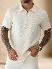 Manfinity Homme 男士四分之一拉链领工作休闲高尔夫 Polo 衫，男友礼物 - 杏色 - 查看 7