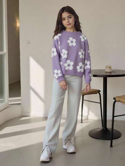 SHEIN Tween Girl Floral Pattern Drop Shoulder Sweater Kids Fall Sweaters Kids Girls Fall Sweaters Tween Girl Sweaters Kids Jumper