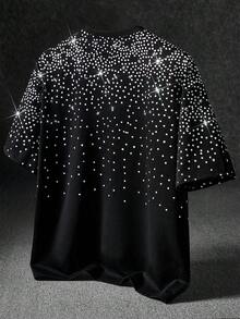 Manfinity EMRG Áo thun nam in họa tiết đường phố phong cách đường phố phổ biến INS Matched Rhinestone Glue Craft Starry Night Dark, thích hợp cho lễ hội âm nhạc ngoài trời, hộp đêm, quà tặng bạn trai/chồng, quà kỷ niệm - màu đen - Xem 2
