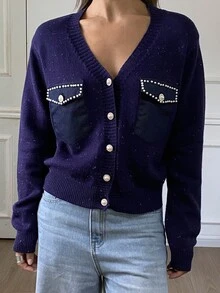 DAZY Women's Casual Faux Pearl Knitted Cardigan, Autumn/Winter New Arrival - Navy Blue - View 4