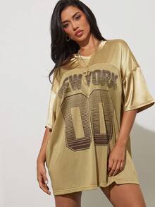 Denimoi Casual Drop Shoulder Letter & Number Print Loose Sweatshirt - Gold - View 1