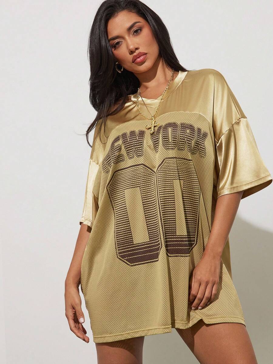 Denimoi Casual Drop Shoulder Letter & Number Print Loose Sweatshirt - Gold - View 1