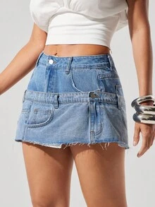 Denimoi Stacked Waist Low Rise Raw Hem Denim Micro Mini Skirt - Light Wash - View 7