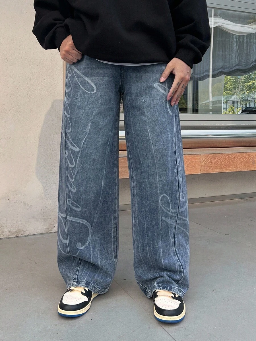 DAZY Autumn Artistic Letter Print Washed Blue Men's Jeans - Blue - View 1