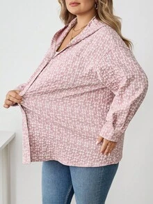 SHEIN CURVE+ Áo sơ mi nữ có mũ trùm đầu vai trễ bằng vải jacquard cỡ lớn/Mùa thu/Mùa đông - Hồng - Xem 8