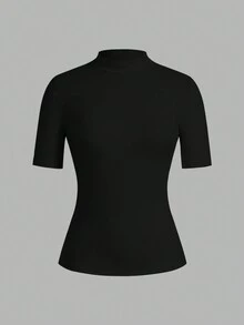 SHEIN EZwear 2件套女式黑色立领修身长袖打底T恤套装 - 黑色 - 查看 5