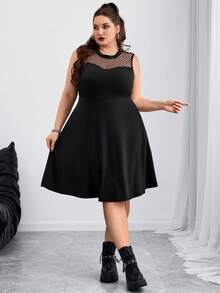 SHEIN CURVE+ Plus Size Elegant Black Mesh Patchwork A-Line Dress Sleeveless Round Neck, Fall Winter 2026 22W - Black - View 6