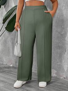 SHEIN PETITE CURVE Quần xếp ly màu trơn cỡ lớn dành cho nữ Petite - Màu xanh Ô liu - Xem 5
