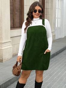 SHEIN LUNE Große Größen Damen Schwarzes Cord-Kleid mit Taschen und verstellbaren Trägern, Kleider für Frauen, Barnfit Thanksgiving Outfit, Frauen Neujahrs Outfit, Winterkleider, Winterkleidung für Frauen, Rave Outfits, Jumper Kleid - Dunkelgrün - Übersicht 5