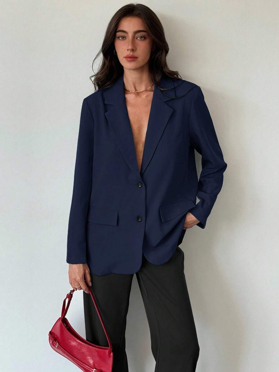 Aloruh Minimalist Commuting Gray Textured Oversized Long Sleeve Loose Blazer For Young Women In Fall/Winter - Navy Blue - View 1