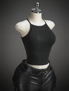 SHEIN ICON Women's Millennial Style Y2K Halloween Cosplay Sexy Personalized Avant-Garde Fashion Simple Mesh Spiderweb Pattern Black Backless Slim Top - Multicolor - View 11