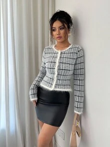 Elenzga Cardigan feminino elegante e romântico xadrez, gola redonda, manga comprida - Multicolorido - Ver 7