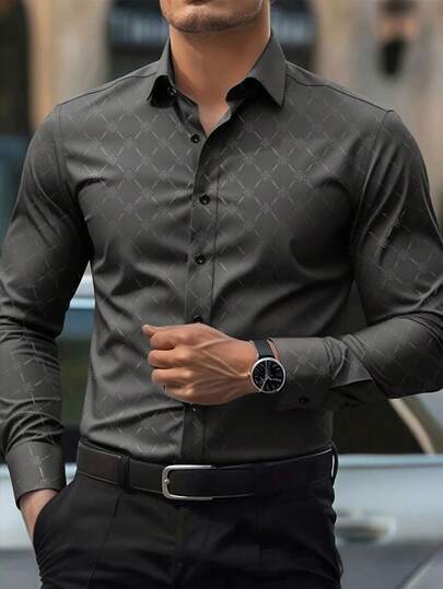 Manfinity Mode Men's Button Down Long Sleeve Slim Fit Business Formal Dress Shirt, Long Sleeve Men Shirt Burgundy Dress Shirt Men Red Dress Shirt Men Men Fashion Dress Shirt Burgundy Patterned Dress Shirt. A Great Gift For A Boyfriend Or Husband,Fall