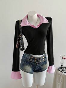 Elamini 1 件女式条纹拼接不对称下摆紧身长袖 T 恤，二合一衬衫领，时尚休闲街头风格，秋冬图案 T 恤女式春季上衣 - 彩色 - 查看 3