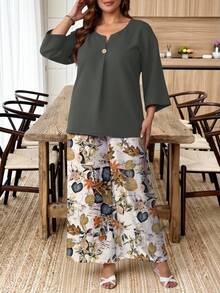 EMERY ROSE Set casual da 2 pezzi da donna taglie forti, composto da camicia vintage a tinta unita con scollo a V e maniche a 3/4, e pantaloni con stampa floreale - Multicolore - Visualizzare 5