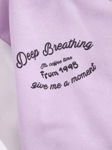 SHEIN Explorewe 1 件青少年女孩甜美浅紫色撞色袖熊补丁字母印花棒球夹克，常规厚度，休闲，秋季 - 紫色 - 查看 8