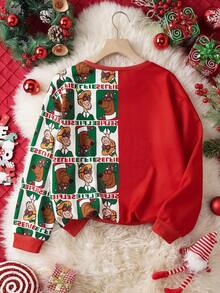 SCOOBY-DOO X SHEIN Sudadera de cuello redondo de manga larga con bloques de color y diseño navideño para niña preadolescente