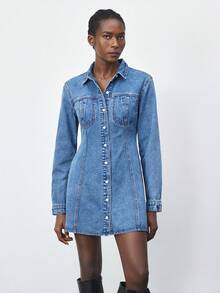 Maija 女式纯色休闲长袖牛仔连衣裙 - 中等水洗藍 - 查看 2