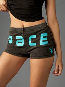 Missguided x Playboy Washed Heather Cycling Shorts With Bunny Logo Graphics For Summer Loungewear - Black - View 5