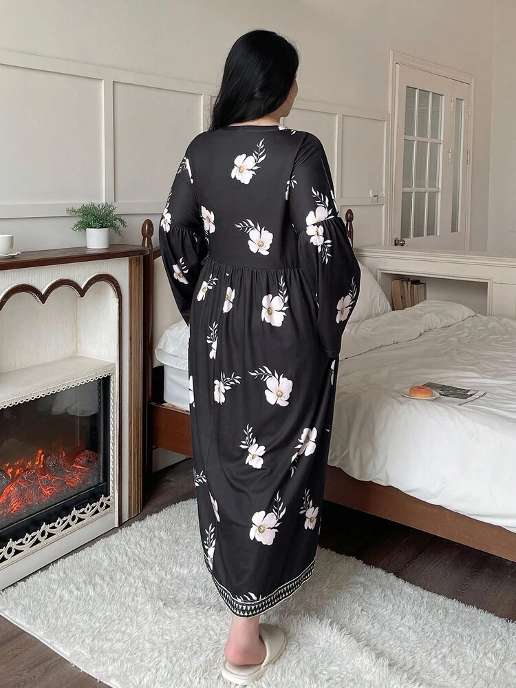 Dazy Plus Plus Size Women's Loose Floral Print Tie-Front Long Nightgown, Spring/Autumn, Fall