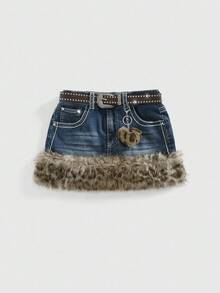 ROMWE Kawaii Y2K复古豹纹毛边装饰女式Kpop迷你低腰半身裙，配腰带，浅蓝色 - 淺色水洗藍 - 查看 5