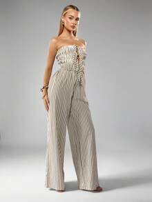 MISSGUIDED Bộ đồ liền thân ống rộng không dây có thân áo nhún bèo, buộc dây phía trước, trang phục đi biển mùa hè, trang phục nghỉ dưỡng, thời trang ngày lễ, quần palazzo không tay - màu nâu - Xem 4