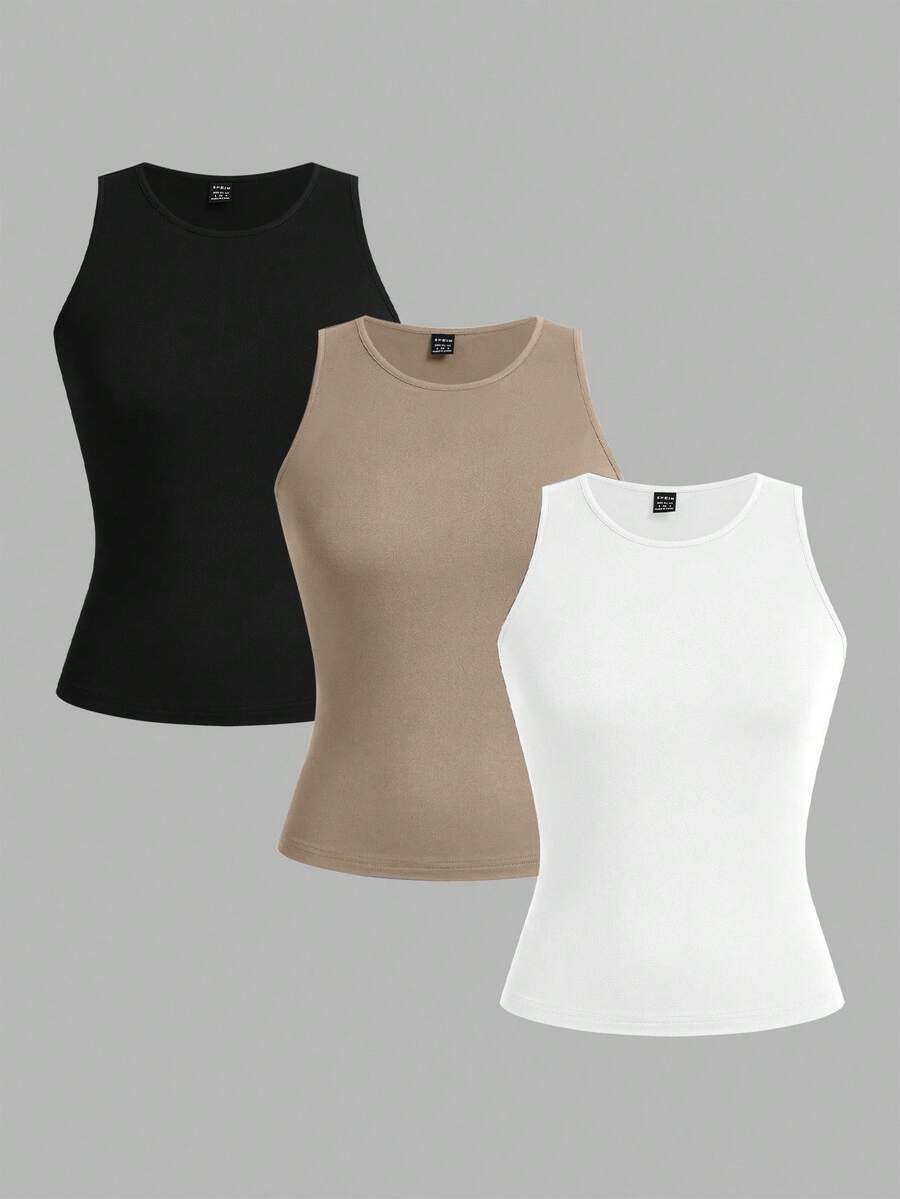 SHEIN EZwear 3 قطع/مجموعة من الكنزات الأساسية ذات الكتف المكشوف باللون الأسود والبيج والأبيض، مناسبة للخريف والصيف