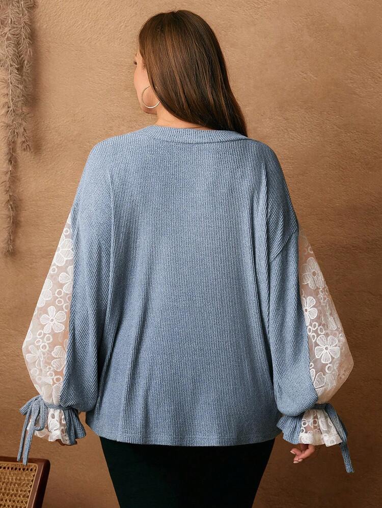 Plus Size Lace Patchwork V-Neck Colorblock Sheer Long Sleeve Sweatshirt, , ,Plus Size  Elegant Casual,Spring