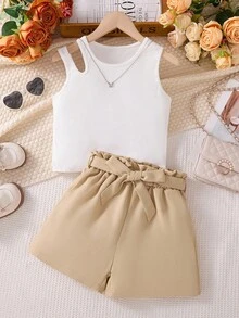 2 件套青少年女孩镂空吊带背心和纸袋腰短裤套装 - 卡其色 - 查看 5
