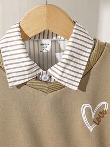 Elladie kids 3件套年轻女孩休闲条纹衬衫+心形印花背心+裤子套装，秋冬 - 卡其色 - 查看 7