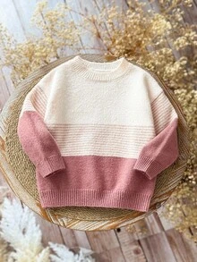 Emery Rose Kids Emery Rose Kids 女童小女孩冬季白色條紋拼色落肩秋季毛衣，彩虹可愛輕量粉色針織圓領套頭衫 - 粉色 - 查看 3