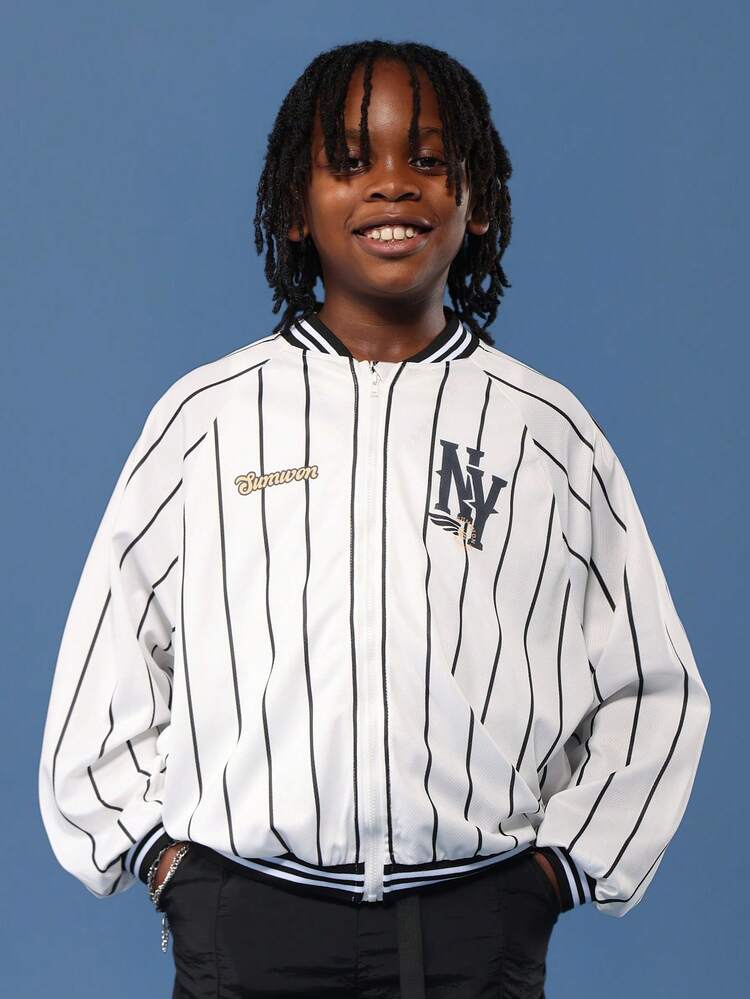 Pinstripe Baseball Varsity Bomber Jacket With Mesh Design
